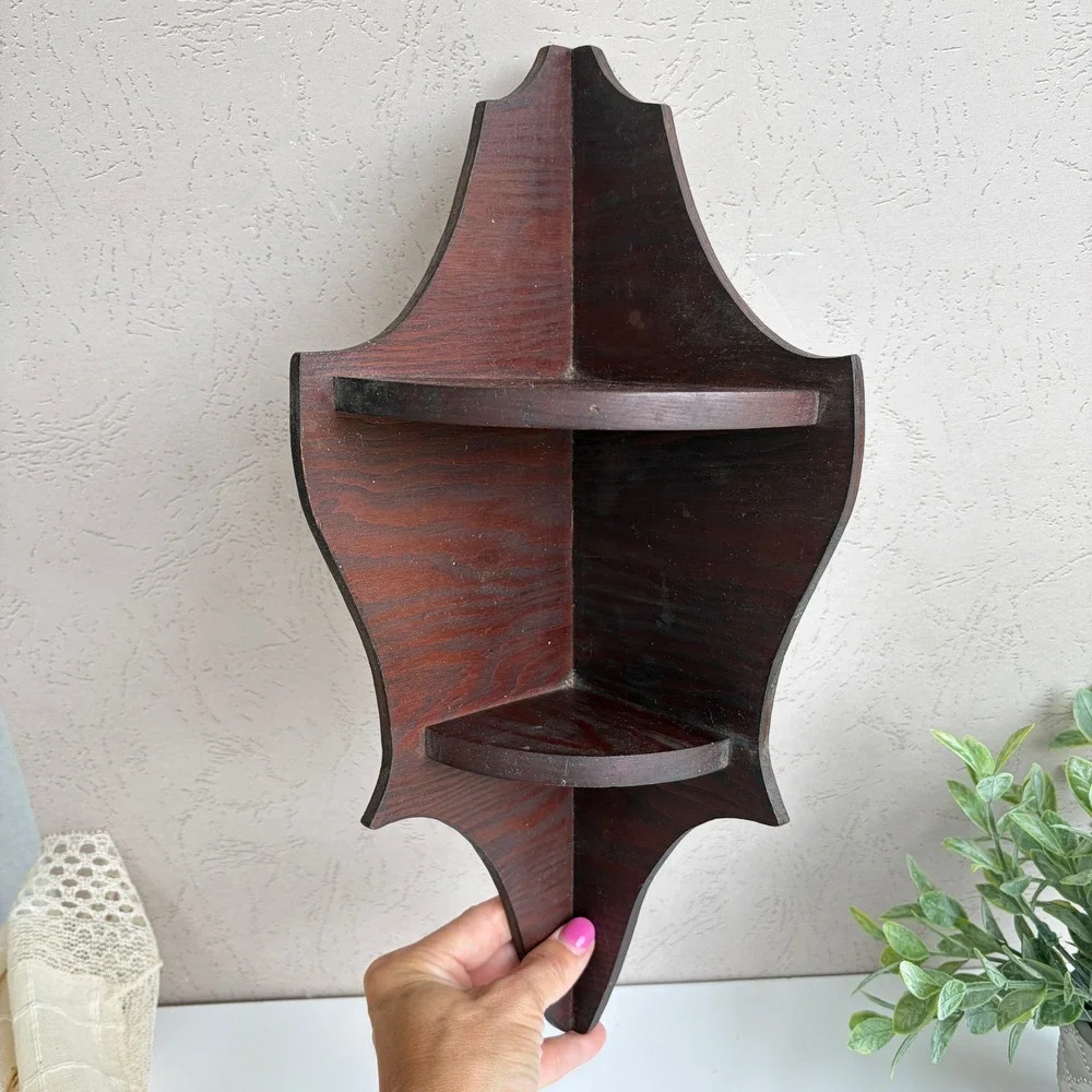 Vintage Wooden Corner Wall Shelf 2 Tier Scalloped Dark Wood Display 15.5in